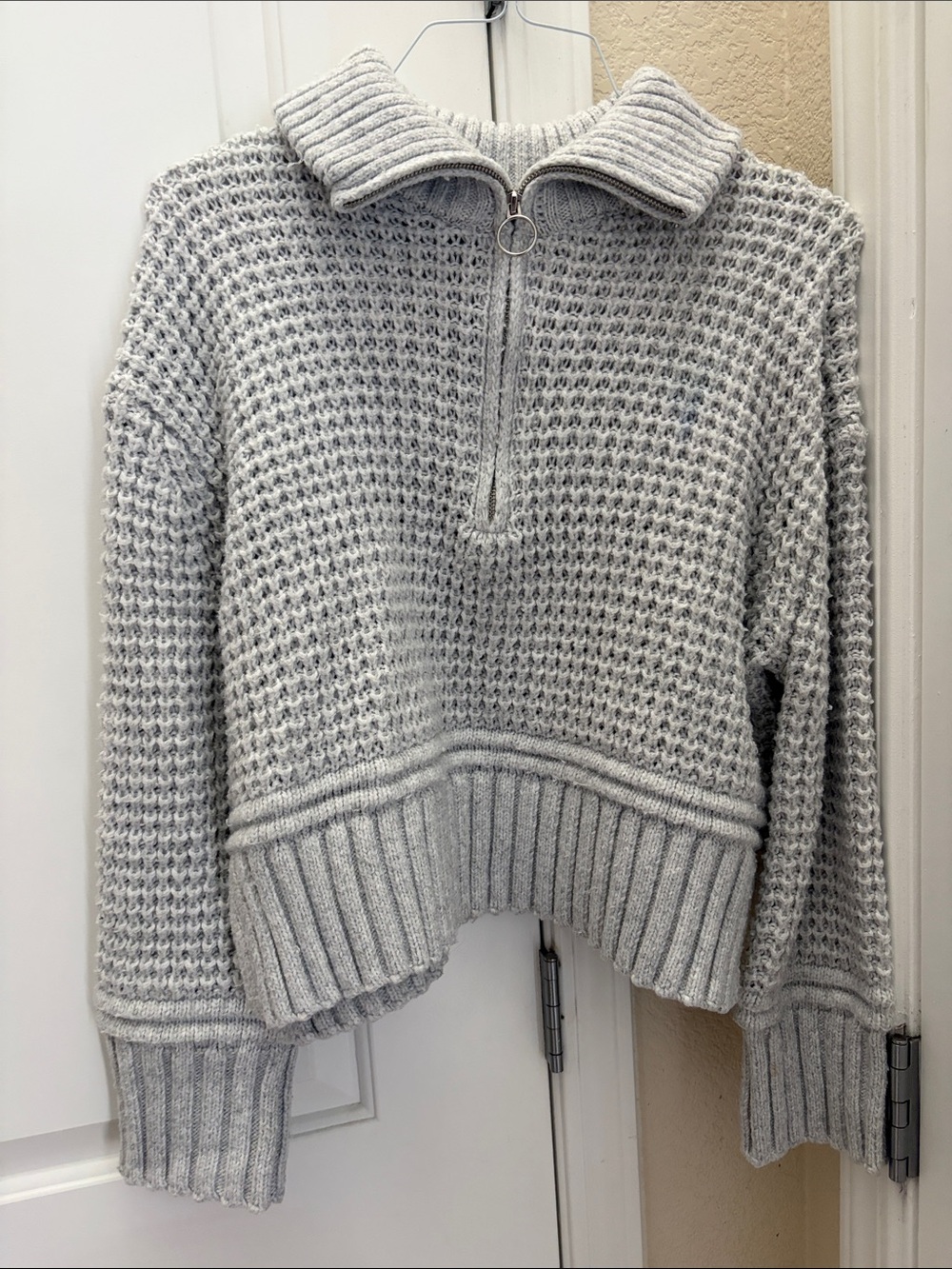 Sincerly Jules Light Gray Waffle Half-Zip Turtleneck Sweater